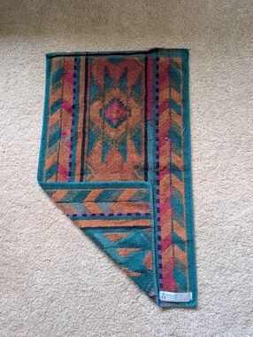 Vintage Fieldcrest Teal Orange Tribal Aztec Print Cotton Hand Towel